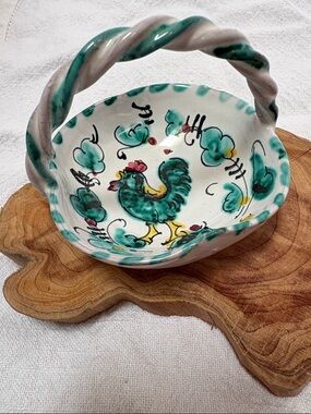 Italian Hand-Painted Ceramic Basket with Rooster Motif